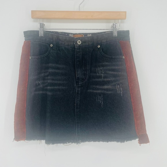 POL Dresses & Skirts - POL Black Distressed Denim Mini Skirt Rust Corduroy Stripe Raw Hem size L NWT